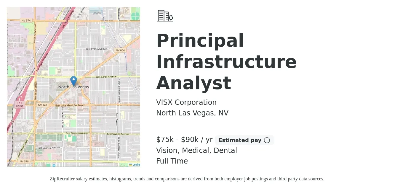 VISX Corporation job posting for a Principal Infrastructure Analyst in North Las Vegas, NV with a salary of $75,000 to $90,000 Yearly and benefits including dental, medical, and vision with a map of North Las Vegas location.