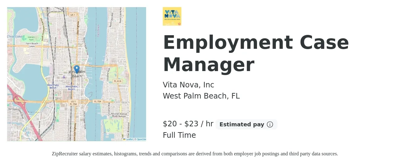 Vita Nova, Inc job posting for a Employment Case Manager in West Palm Beach, FL with a salary of $45,000 to $50,000 Yearly with a map of West Palm Beach location.