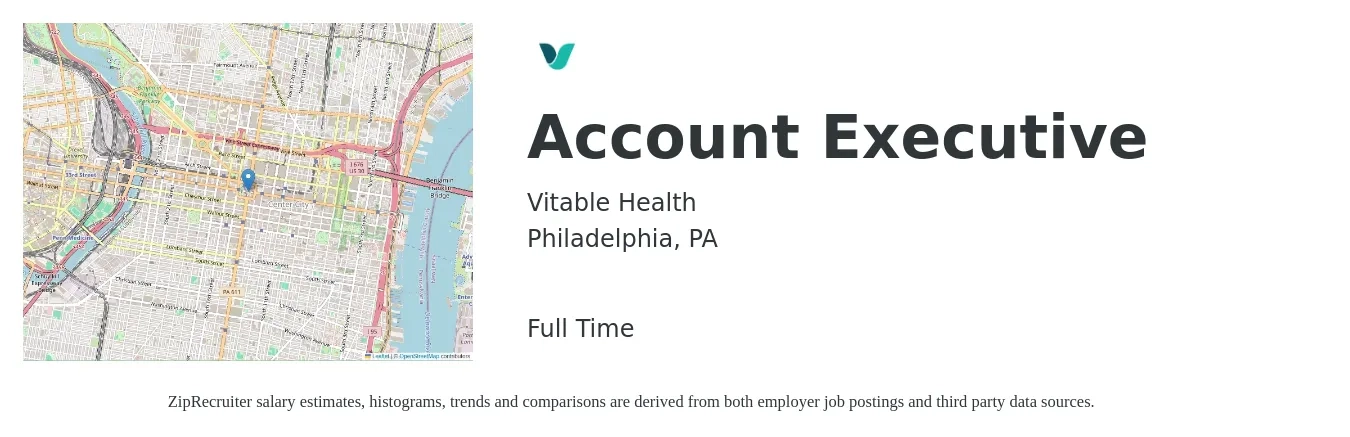 Vitable Health job posting for a Account Executive in Philadelphia, PA with a salary of $54,500 to $95,900 Yearly with a map of Philadelphia location.