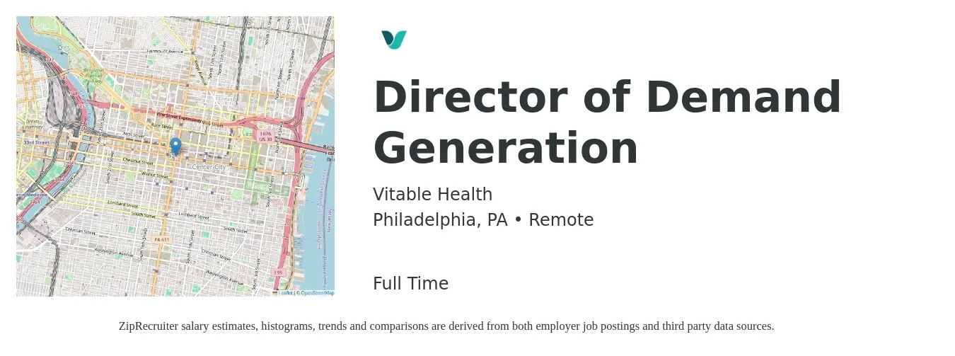 Vitable Health job posting for a Director of Demand Generation in Philadelphia, PA with a salary of $121,100 to $182,600 Yearly with a map of Philadelphia location.