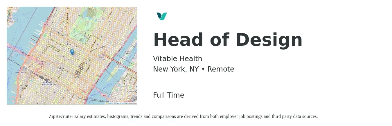 Vitable Health job posting for a Head of Design in New York, NY with a salary of $119,800 to $178,300 Yearly with a map of New York location.