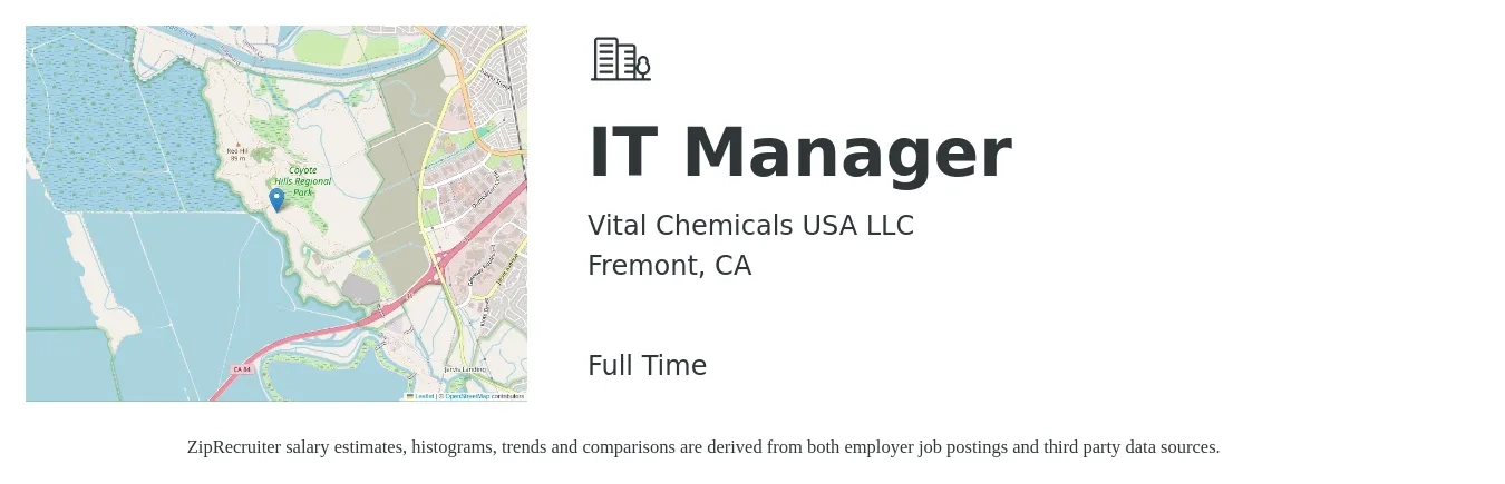 Vital Chemicals USA LLC job posting for a IT Manager in Fremont, CA with a salary of $112,600 to $138,100 Yearly with a map of Fremont location.