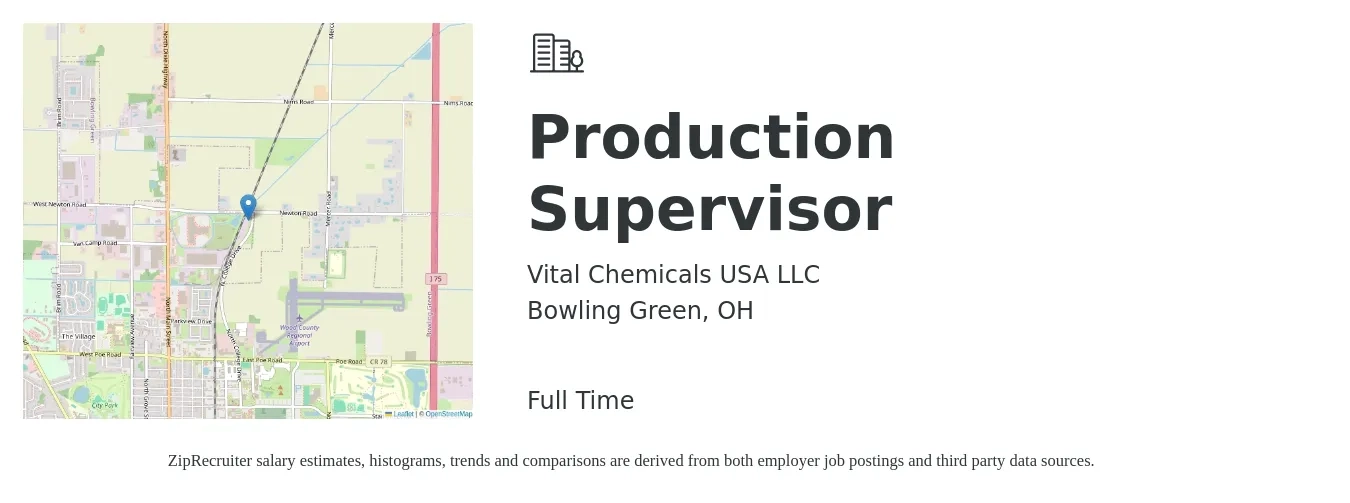 Vital Chemicals USA LLC job posting for a Production Supervisor in Bowling Green, OH with a salary of $80,000 to $95,000 Yearly with a map of Bowling Green location.