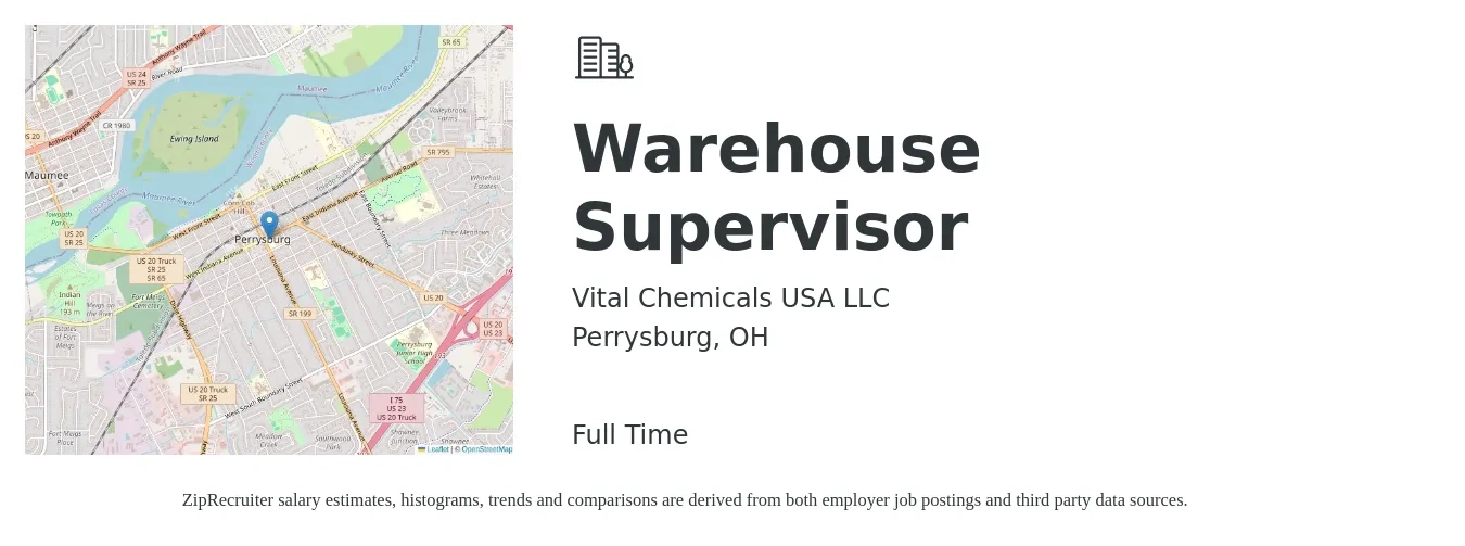Vital Chemicals USA LLC job posting for a Warehouse Supervisor in Perrysburg, OH with a salary of $70,000 to $80,000 Yearly with a map of Perrysburg location.