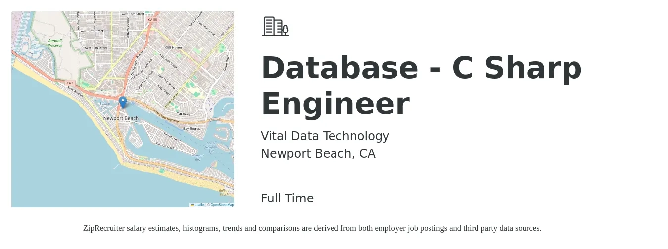 Vital Data Technology job posting for a Database - C Sharp Engineer in Newport Beach, CA with a salary of $123,100 to $147,800 Yearly with a map of Newport Beach location.