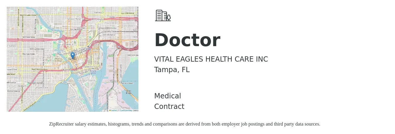 VITAL EAGLES HEALTH CARE INC job posting for a Doctor in Tampa, FL with a salary of $108,700 to $141,800 Yearly and benefits including medical with a map of Tampa location.