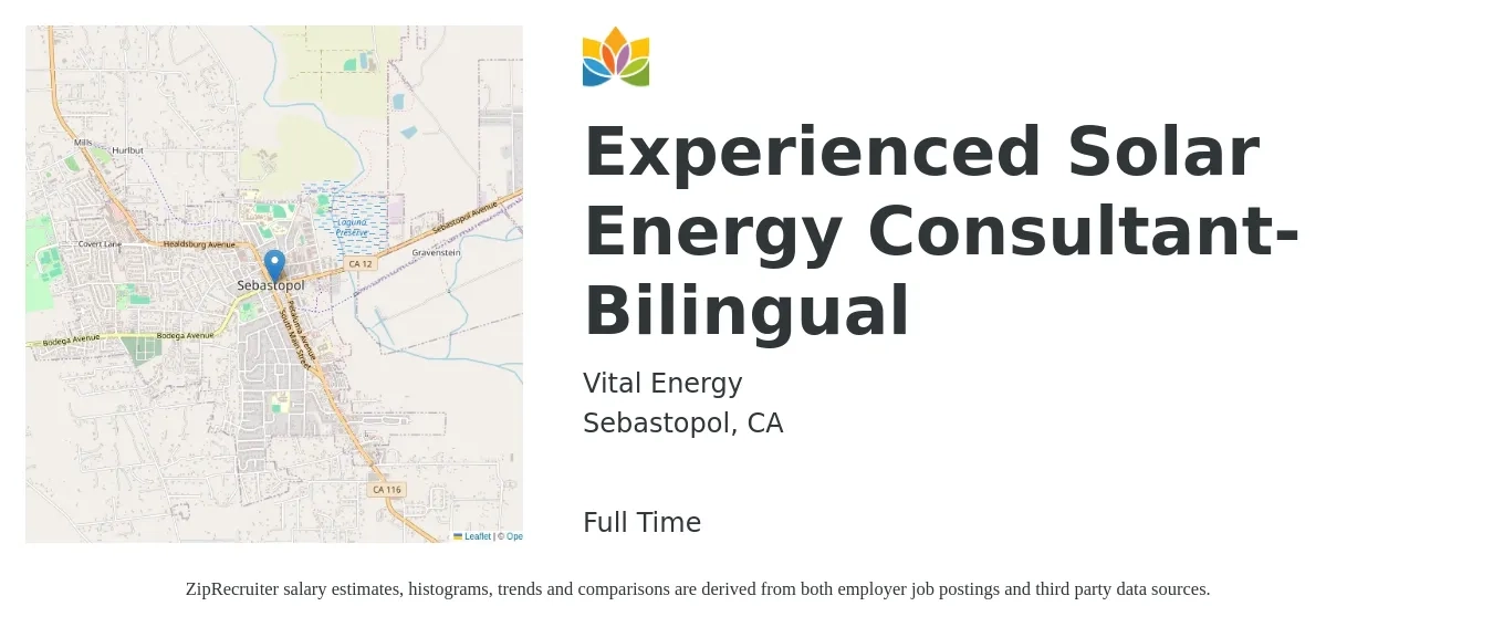 Vital Energy job posting for a Experienced Solar Energy Consultant- Bilingual in Sebastopol, CA with a salary of $150,000 Yearly with a map of Sebastopol location.