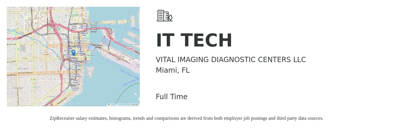 VITAL IMAGING DIAGNOSTIC CENTERS LLC job posting for a IT TECH in Miami, FL with a salary of $34,100 to $50,100 Yearly with a map of Miami location.