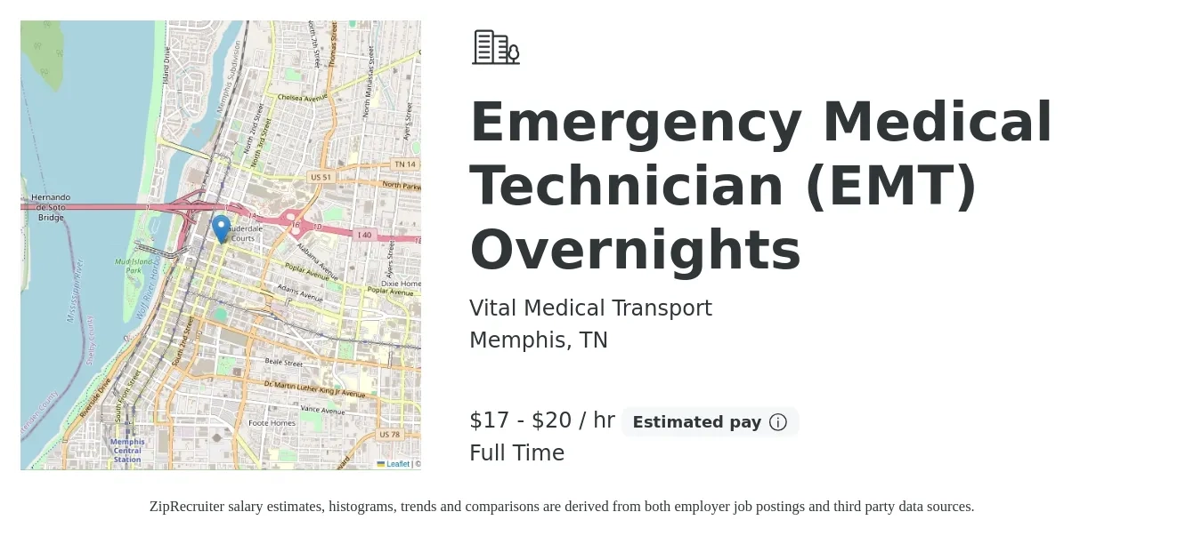 Vital Medical Transport job posting for a Emergency Medical Technician (EMT) Overnights in Memphis, TN with a salary of $18 to $22 Hourly with a map of Memphis location.
