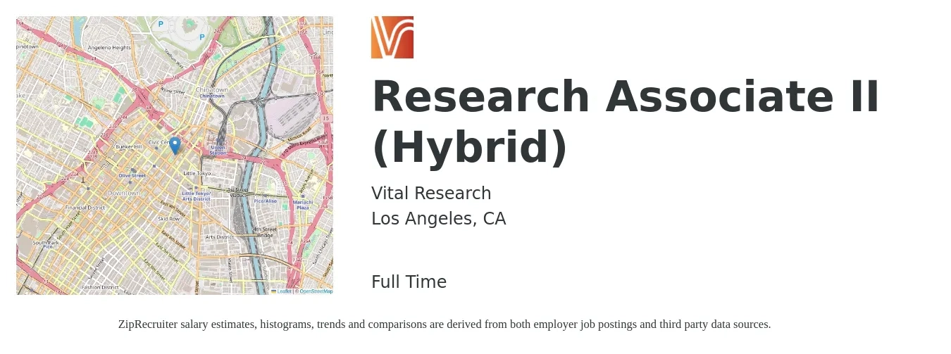 Vital Research job posting for a Research Associate II (Hybrid) in Los Angeles, CA with a salary of $29 to $42 Hourly with a map of Los Angeles location.