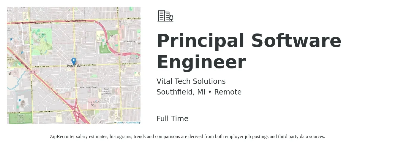 Vital Tech Solutions job posting for a Principal Software Engineer in Southfield, MI with a salary of $124,700 to $167,200 Yearly with a map of Southfield location.