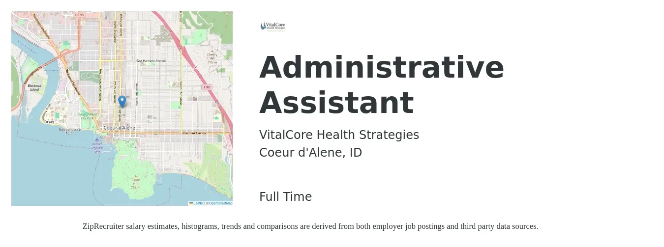 VitalCore Health Strategies job posting for a Administrative Assistant in Coeur d'Alene, ID with a salary of $18 to $24 Hourly with a map of Coeur d'Alene location.