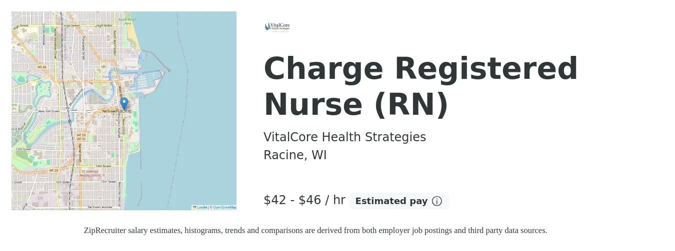 VitalCore Health Strategies job posting for a Charge Registered Nurse (RN) in Racine, WI with a salary of $44 to $48 Hourly with a map of Racine location.