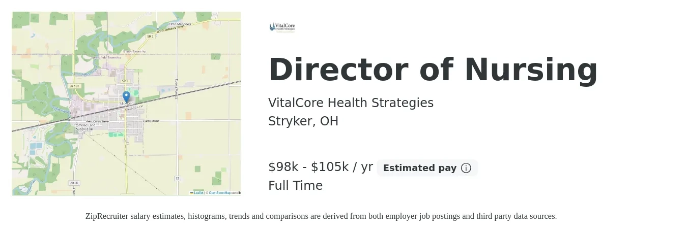 VitalCore Health Strategies job posting for a Director of Nursing in Stryker, OH with a salary of $98,000 to $105,000 Yearly with a map of Stryker location.
