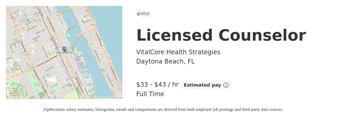 VitalCore Health Strategies job posting for a Licensed Counselor in Daytona Beach, FL with a salary of $35 to $45 Hourly with a map of Daytona Beach location.