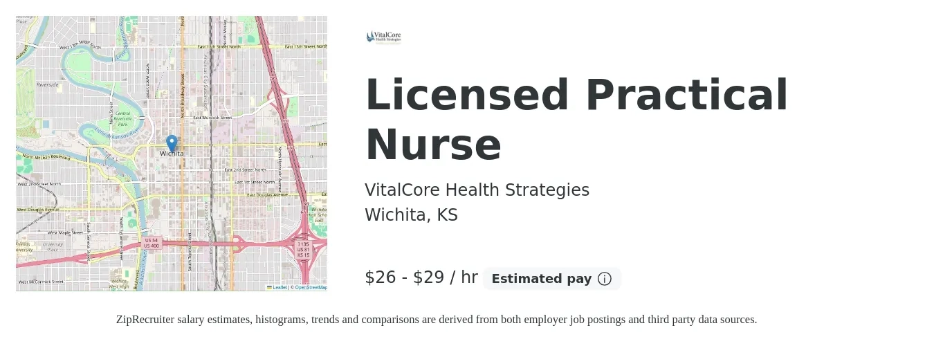 VitalCore Health Strategies job posting for a Licensed Practical Nurse in Wichita, KS with a salary of $28 to $30 Hourly with a map of Wichita location.