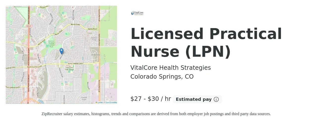 VitalCore Health Strategies job posting for a Licensed Practical Nurse (LPN) in Colorado Springs, CO with a salary of $29 to $32 Hourly with a map of Colorado Springs location.