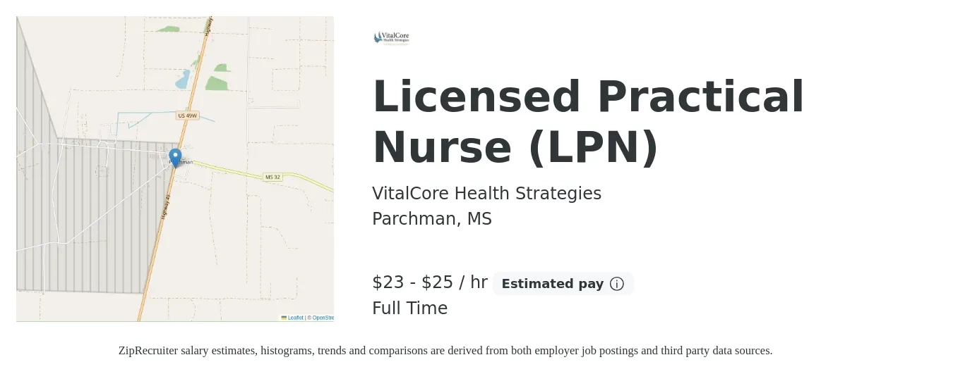 VitalCore Health Strategies job posting for a Licensed Practical Nurse (LPN) in Parchman, MS with a salary of $24 to $27 Hourly with a map of Parchman location.