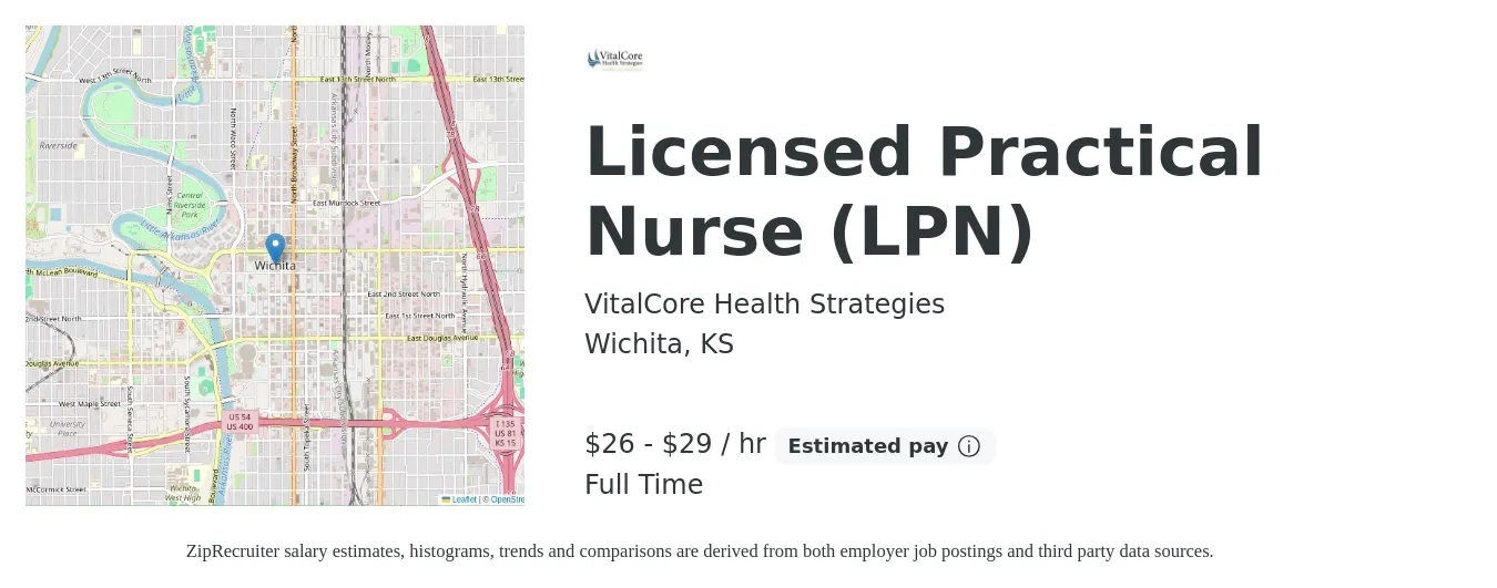 VitalCore Health Strategies job posting for a Licensed Practical Nurse (LPN) in Wichita, KS with a salary of $28 to $30 Hourly with a map of Wichita location.