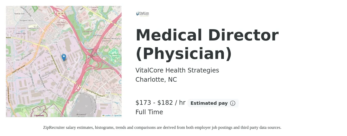 VitalCore Health Strategies job posting for a Medical Director (Physician) in Charlotte, NC with a salary of $180 to $190 Hourly with a map of Charlotte location.