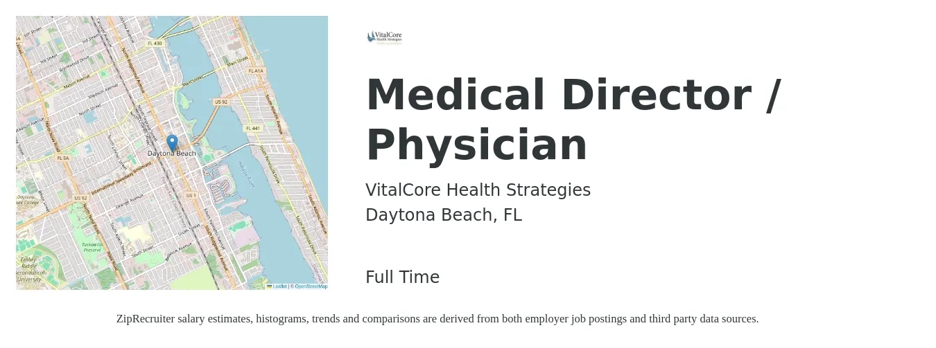 VitalCore Health Strategies job posting for a Medical Director / Physician in Daytona Beach, FL with a salary of $174,000 to $250,000 Yearly with a map of Daytona Beach location.