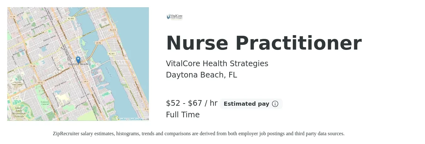 VitalCore Health Strategies job posting for a Nurse Practitioner in Daytona Beach, FL with a salary of $55 to $70 Hourly with a map of Daytona Beach location.