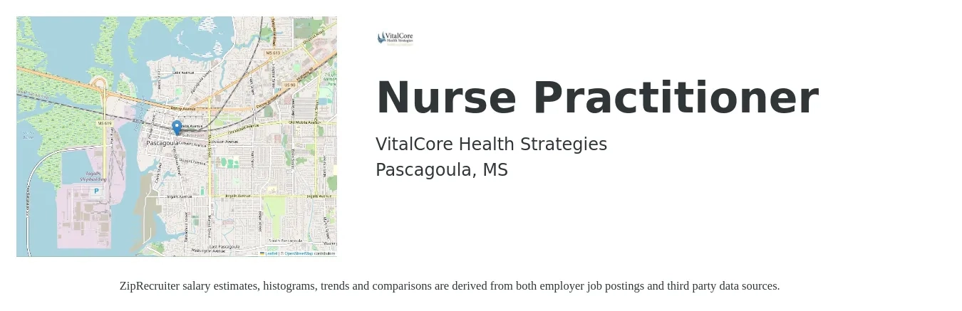 VitalCore Health Strategies job posting for a Nurse Practitioner in Pascagoula, MS with a salary of $108,300 to $150,400 Yearly with a map of Pascagoula location.