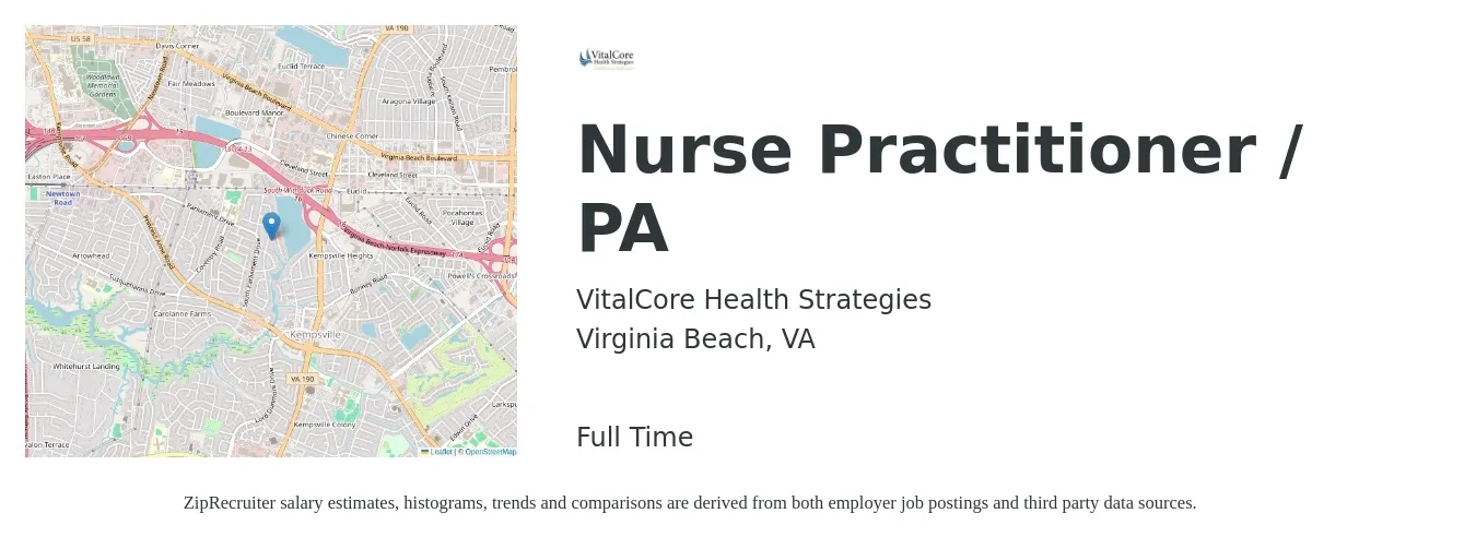 VitalCore Health Strategies job posting for a Nurse Practitioner / PA in Virginia Beach, VA with a salary of $115,000 to $145,000 Yearly with a map of Virginia Beach location.