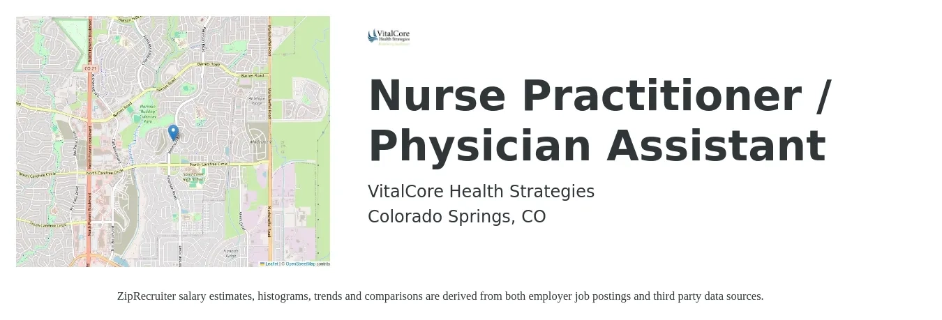VitalCore Health Strategies job posting for a Nurse Practitioner / Physician Assistant in Colorado Springs, CO with a salary of $75 to $80 Hourly with a map of Colorado Springs location.