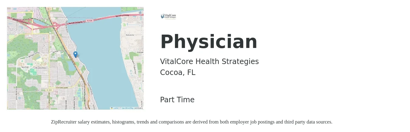 VitalCore Health Strategies job posting for a Physician in Cocoa, FL with a salary of $166,300 to $214,000 Yearly with a map of Cocoa location.