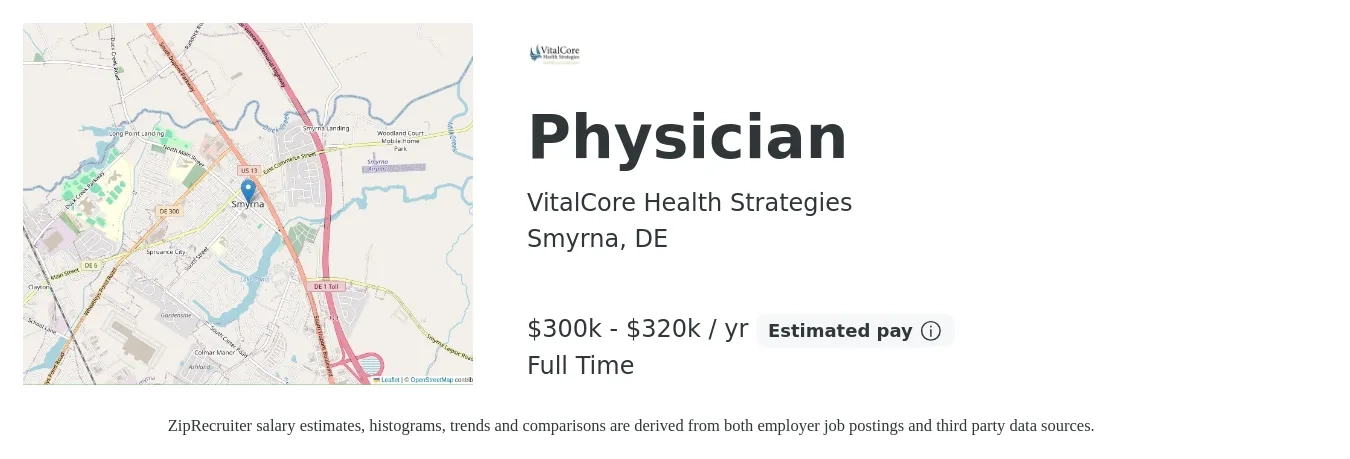 VitalCore Health Strategies job posting for a Physician in Smyrna, DE with a salary of $300,000 to $320,000 Yearly with a map of Smyrna location.