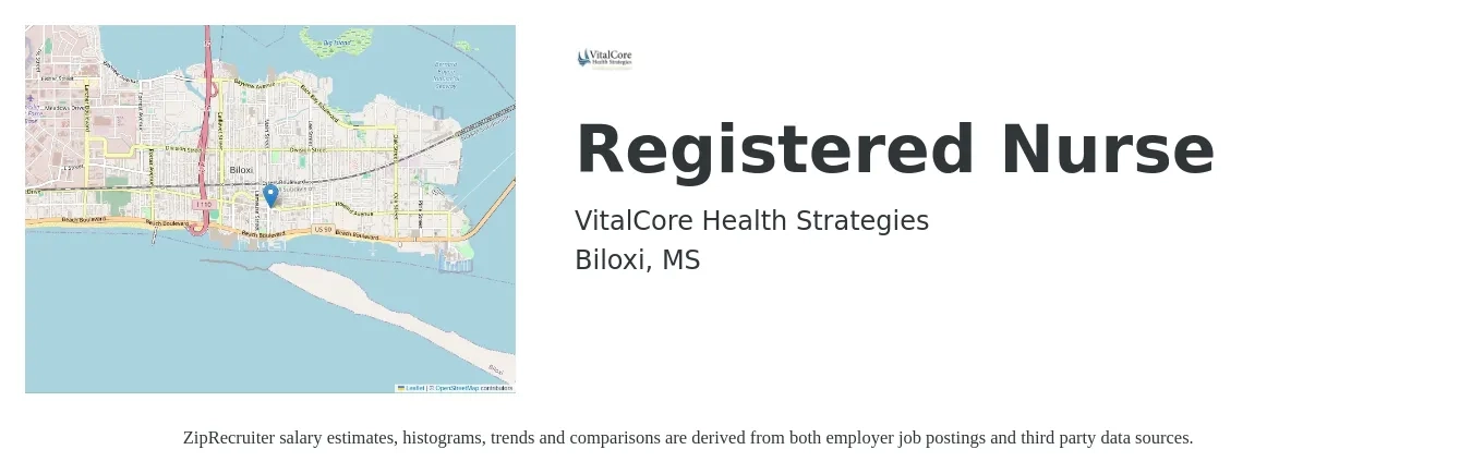 VitalCore Health Strategies job posting for a Registered Nurse in Biloxi, MS with a salary of $29 to $46 Hourly with a map of Biloxi location.