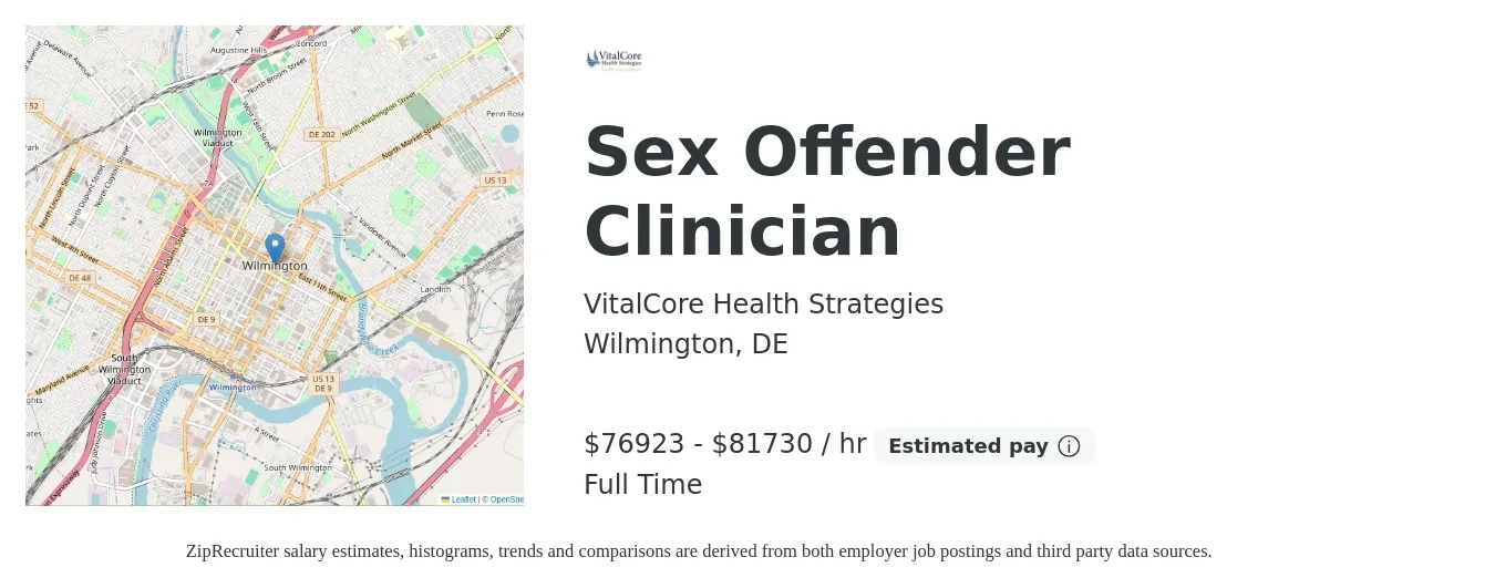 VitalCore Health Strategies job posting for a Sex Offender Clinician in Wilmington, DE with a salary of $80,000 to $85,000 Hourly with a map of Wilmington location.