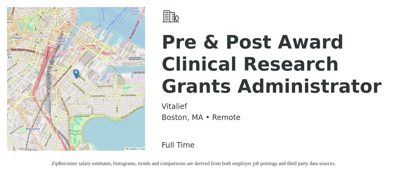 Vitalief job posting for a Pre & Post Award Clinical Research Grants Administrator in Boston, MA with a salary of $58,700 to $86,900 Yearly with a map of Boston location.