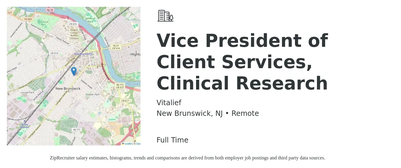 Vitalief job posting for a Vice President of Client Services, Clinical Research in New Brunswick, NJ with a salary of $92,900 to $201,900 Yearly with a map of New Brunswick location.