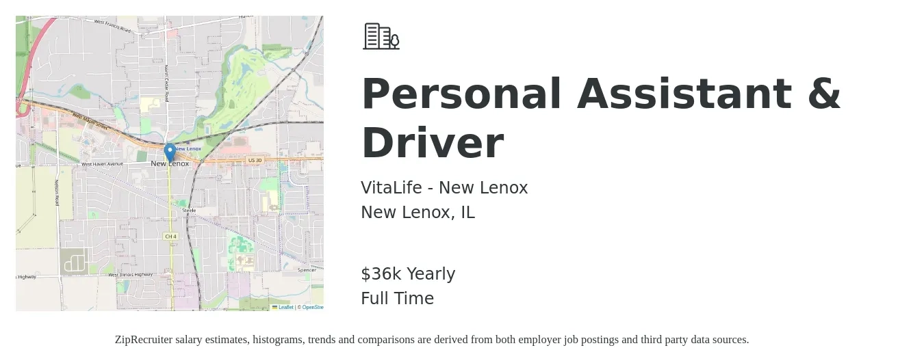 VitaLife - New Lenox job posting for a Personal Assistant & Driver in New Lenox, IL with a salary of $36,000 Yearly with a map of New Lenox location.