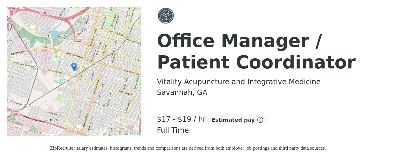 Vitality Acupuncture and Integrative Medicine job posting for a Office Manager / Patient Coordinator in Savannah, GA with a salary of $18 to $20 Hourly with a map of Savannah location.