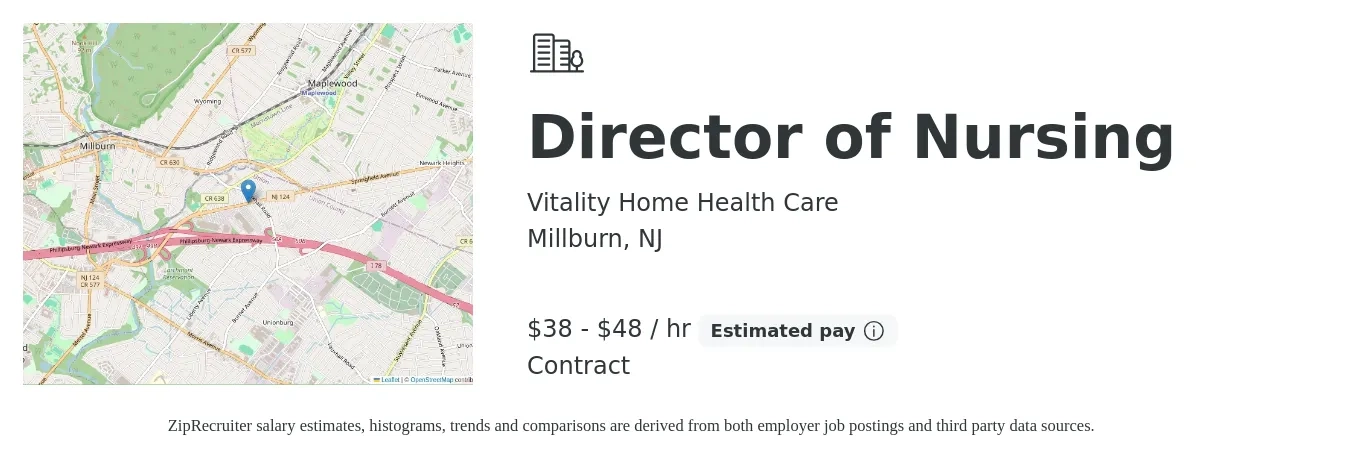 Vitality Home Health Care job posting for a Director of Nursing in Millburn, NJ with a salary of $40 to $50 Hourly with a map of Millburn location.