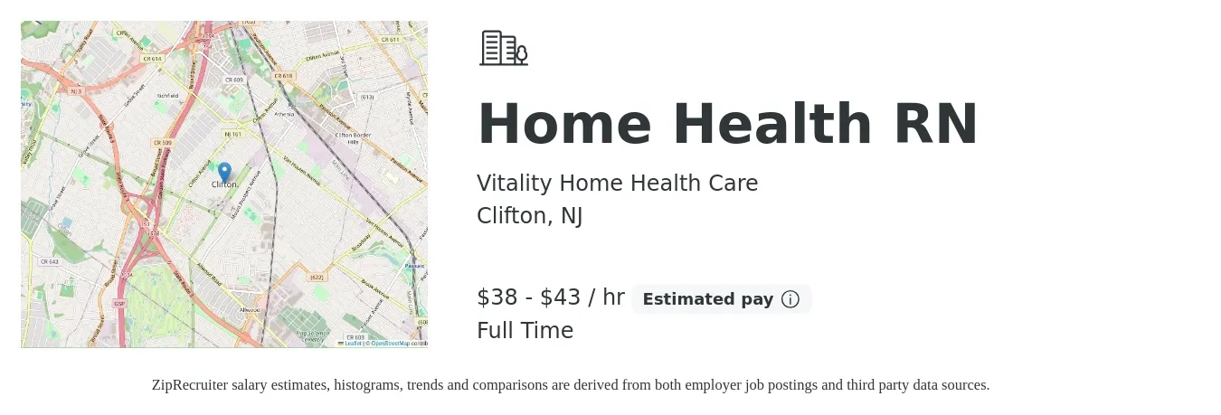 Vitality Home Health Care job posting for a Home Health RN in Clifton, NJ with a salary of $40 to $45 Hourly with a map of Clifton location.