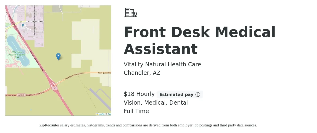 Vitality Natural Health Care job posting for a Front Desk Medical Assistant in Chandler, AZ with a salary of $19 Hourly and benefits including retirement, vision, dental, life_insurance, medical, and pto with a map of Chandler location.