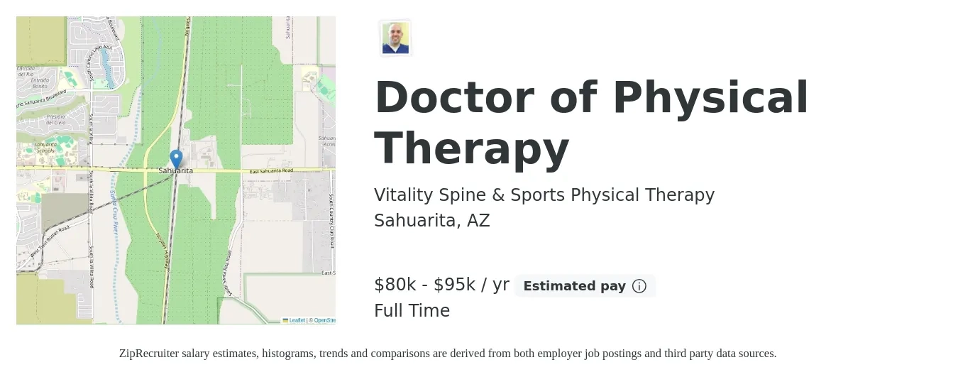 Vitality Spine & Sports Physical Therapy job posting for a Doctor of Physical Therapy in Sahuarita, AZ with a salary of $80,000 to $95,000 Yearly with a map of Sahuarita location.