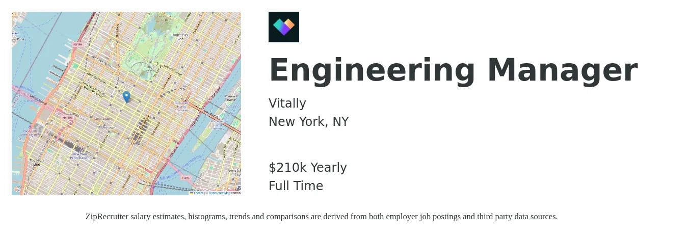 Vitally job posting for a Engineering Manager in New York, NY with a salary of $210,000 Yearly with a map of New York location.