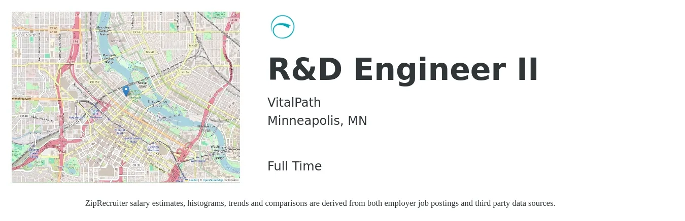 VitalPath job posting for a R&D Engineer II in Minneapolis, MN with a salary of $87,700 to $121,600 Yearly with a map of Minneapolis location.