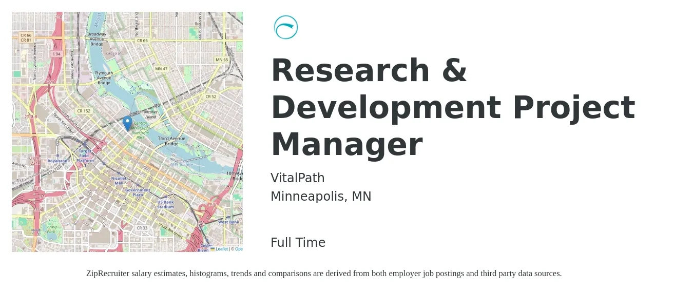 VitalPath job posting for a Research & Development Project Manager in Minneapolis, MN with a salary of $94,500 to $128,400 Yearly with a map of Minneapolis location.