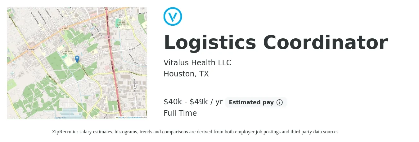 Vitalus Health LLC job posting for a Logistics Coordinator in Houston, TX with a salary of $40,000 to $49,000 Yearly with a map of Houston location.