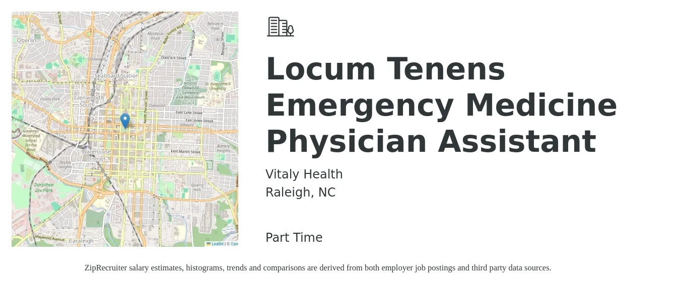 Vitaly Health job posting for a Locum Tenens Emergency Medicine Physician Assistant in Raleigh, NC with a salary of $82 to $194 Hourly with a map of Raleigh location.