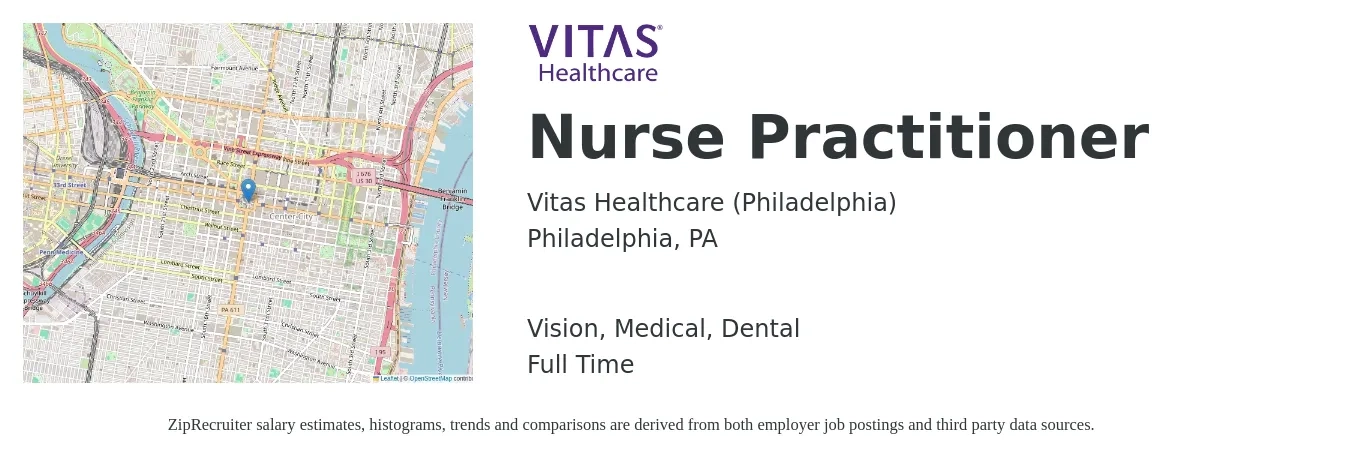 Vitas Healthcare (Philadelphia) job posting for a Nurse Practitioner in Philadelphia, PA with a salary of $109,000 to $151,400 Yearly and benefits including retirement, vision, dental, life_insurance, and medical with a map of Philadelphia location.