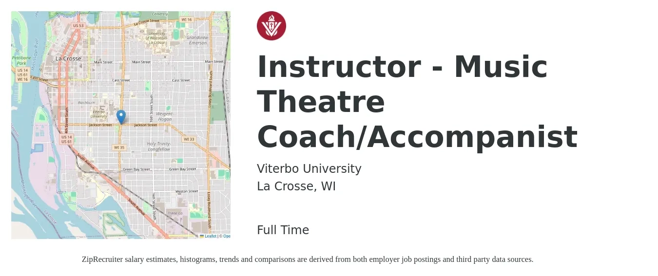 Viterbo University job posting for a Instructor - Music Theatre Coach/Accompanist in La Crosse, WI with a map of La Crosse location.
