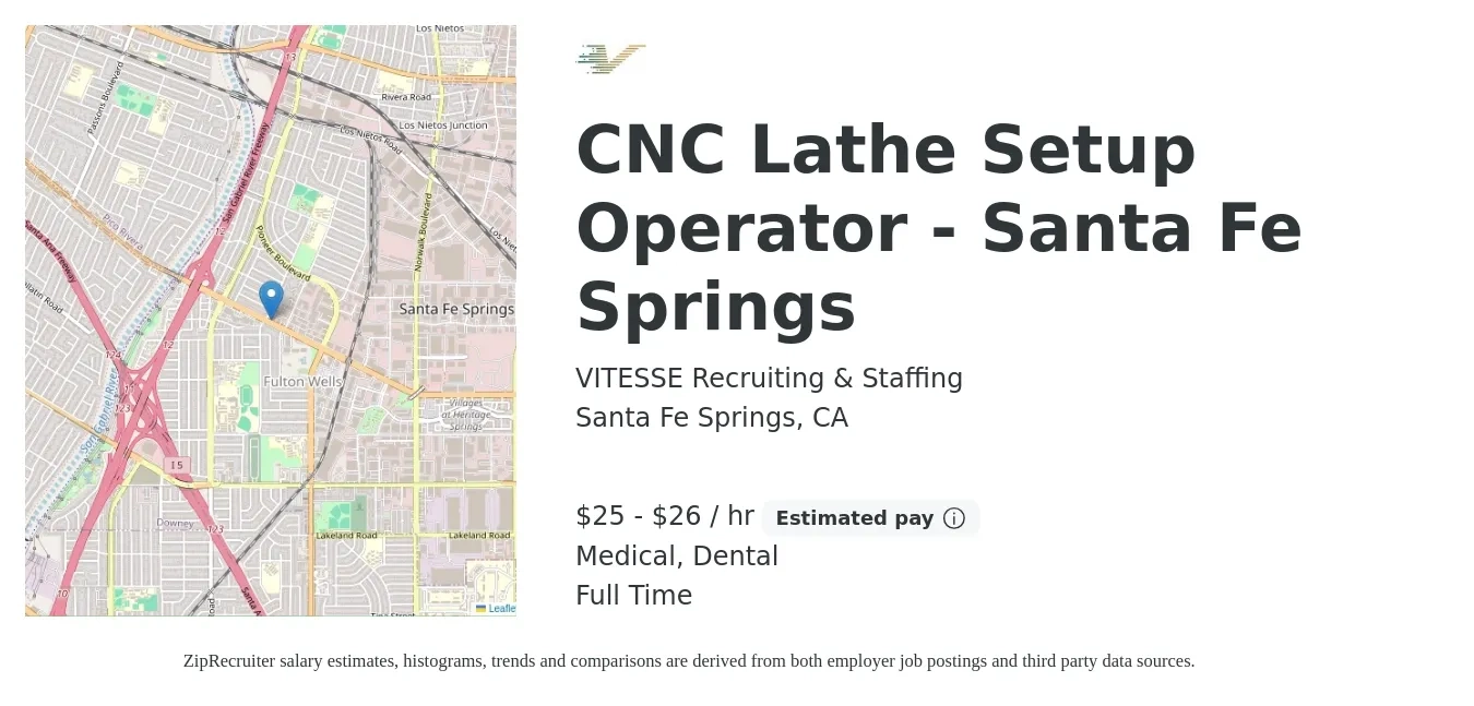 VITESSE Recruiting & Staffing job posting for a CNC Lathe Setup Operator - Santa Fe Springs in Santa Fe Springs, CA with a salary of $26 to $28 Hourly and benefits including dental, life_insurance, medical, and pto with a map of Santa Fe Springs location.