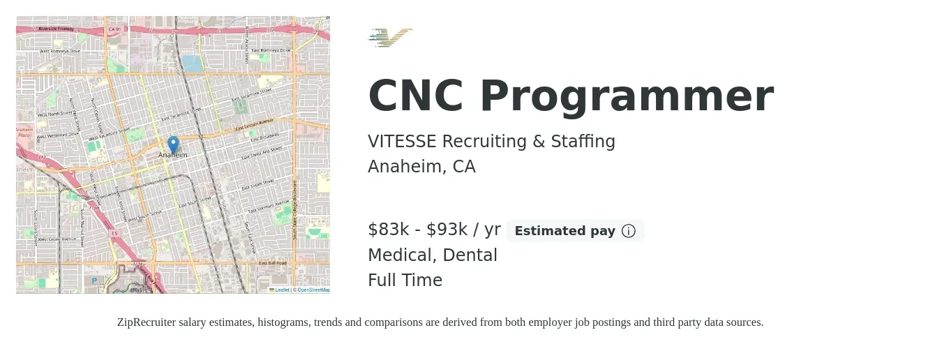 VITESSE Recruiting & Staffing job posting for a CNC Programmer in Anaheim, CA with a salary of $83,000 to $93,000 Yearly and benefits including medical, pto, dental, and life_insurance with a map of Anaheim location.